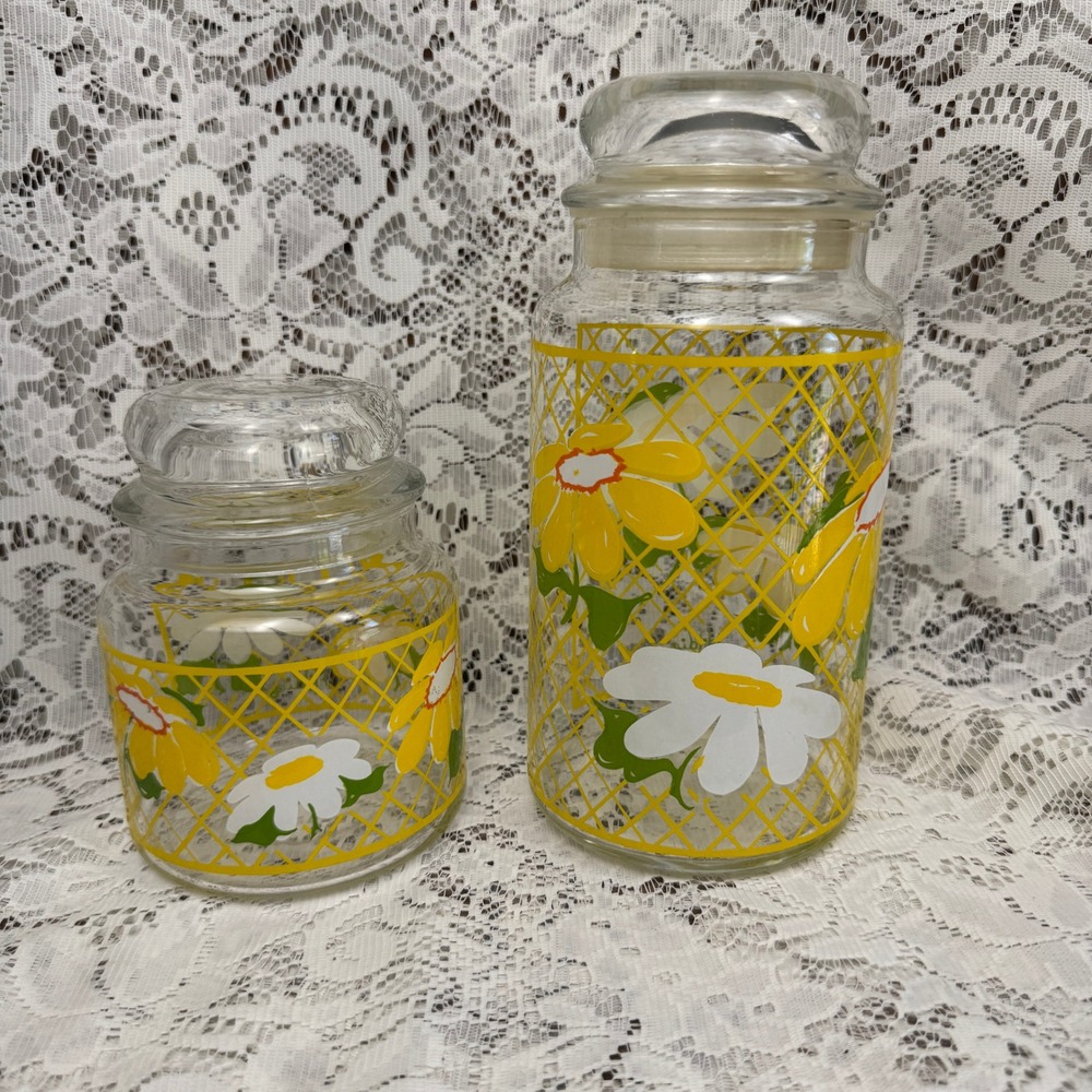 Vintage Libbey Daisy Lattice Glass Canister Set 2pc Yellow White Floral Jars MCM
